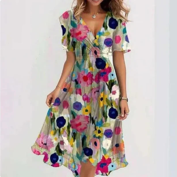 Elena | Floral Wrap V-Neck Chiffon Midi Dress