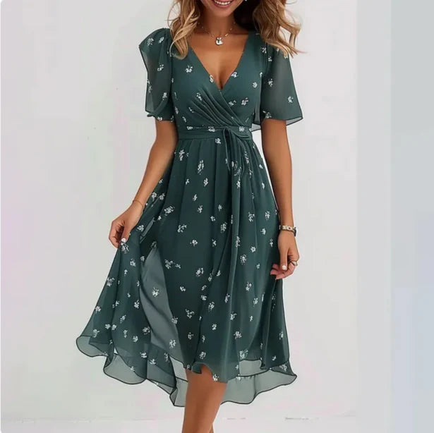 Elena | Floral Wrap V-Neck Chiffon Midi Dress