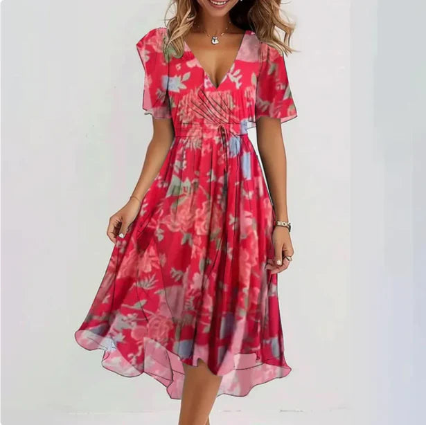 Elena | Floral Wrap V-Neck Chiffon Midi Dress