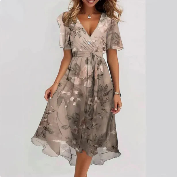 Elena | Floral Wrap V-Neck Chiffon Midi Dress